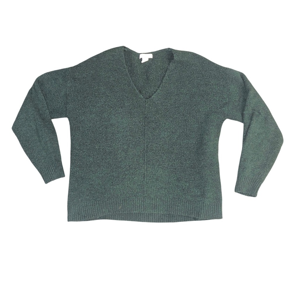 H&M Womens V-Neck Sweater Green‎ Marl Knit Size M Wool Blend Cozy Oversized